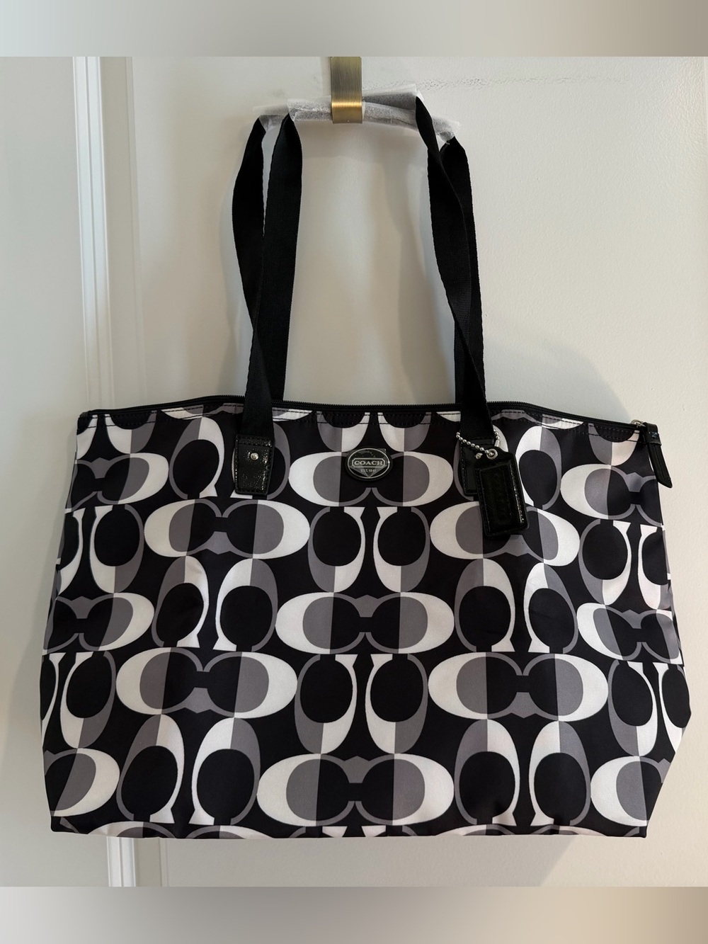 Coach Black, White & Gray Signature Print Nylon Tote